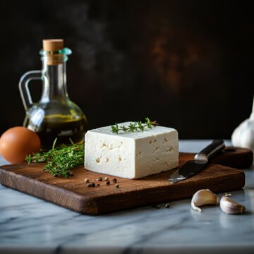 Rustic wooden cutting board, fresh feta cheese block, olive oil bottle, ripe tomatoes, garlic cloves, green herbs, soft kitchen towel, moody lighting, food photography, high resolution, detailed textu