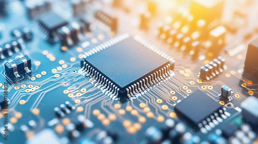 Poster close-up of electronic circuit board with microchip and connectors