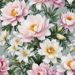 Obraz premium Elegant watercolor painting of blooming peonies and lilies in a delicate bouquet, blooming, peonies, watercolor painting