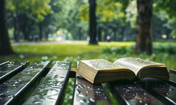 Open book on park bench in rain
