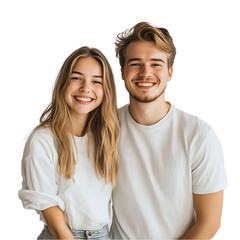 Happy Young Couple Smiling Together, Portrait Photo, Attractive Man and Woman in White T-Shirts, Casual Style, Close-up Shot, Studio Lighting, Blonde 