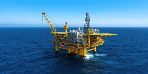 This image showcases a modern offshore oil rig platform operating in the deep blue sea, highlighting the industry's development in energy extraction techniques and technology.