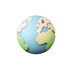 A 3D Earth icon in pastel colors with continents, presented on a black background. The design features simple shapes and a game art style, offering high resolution, contrast, and clarity.