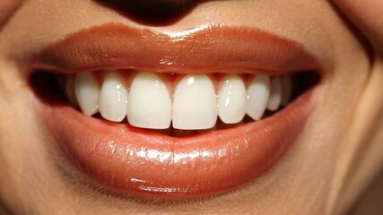 Close-up view of a woman's smile, highlighting her flawless white teeth and glossy lips. The atmosphere reflects a focus on dental aesthetics and cosmetic dentistry expertise.