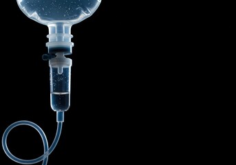 A clear IV drip bag with liquid and attached tubing is prominently displayed against a pure black background