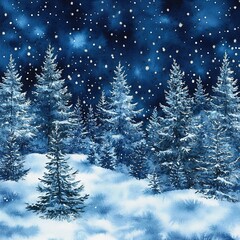 A seamless pattern of snowy pine trees with snow falling, in shades of blue and white, on an indigo background