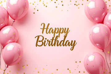 Happy birthday card with pink balloons and a golden confetti background text "Happy Birthday" is written in a calligraphy font Generative AI	
