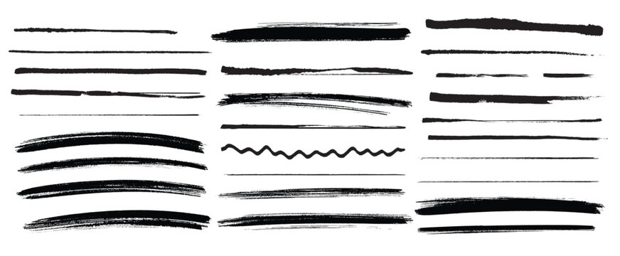 Chalk lines, charcoal highlight strokes doodle set. Pencil underlines, kids crayon strips, brush line in sketch style. Grunge texture. Hand drawn vector illustration isolated on white background