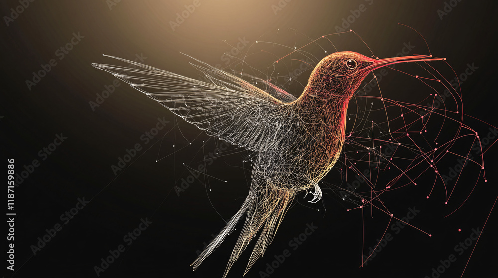Poster abstract glowing hummingbird in flight formed by luminous lines and particles against a dark backgro