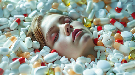 Face emerging from a pile of capsules and pills.