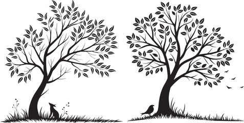 Black and white silhouettes of trees