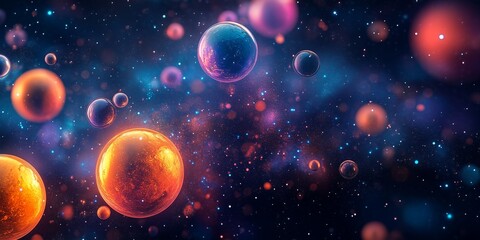 Naklejka premium Cosmic Bubbles: A Mesmerizing Display of Colorful Spheres in a Dreamlike Space Environment