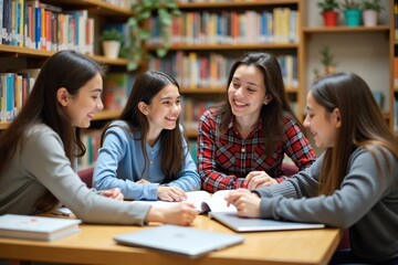 A small group of four students discussing a project around a table filled with books and laptops. The background includes a cozy library with shelves of colorful books and a reading nook