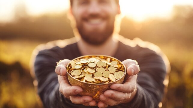 Man Offering Bowl Full Of Golden Coins