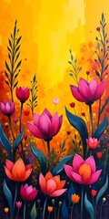 Colorful blooming flowers against a vibrant yellow background