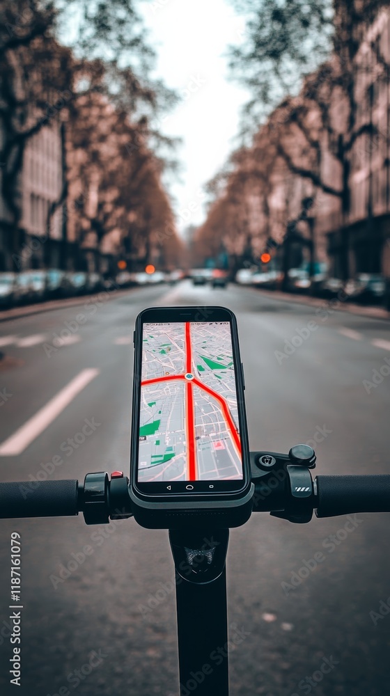 Poster Electric scooter handlebars featuring gps navigation on a smartphone screen, guiding travelers through an urban landscape while displaying routes and directions for a seamless journey