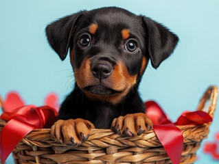 Cute Rottweiler Puppy in a Basket