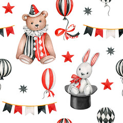 Circus pattern.Watercolor background with rabbit,bear,stars,balloons.Performance.Childish fabric design with hand drawn circus elements.Vintage style