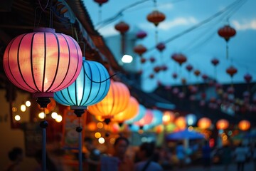 Closeup of colorful lanterns hanging in a row at night, illuminated, creating a festive Asian...