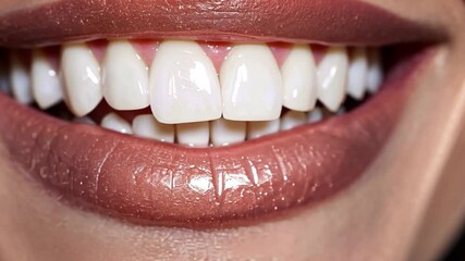 A close-up view of a vibrant smile highlighting the results of cosmetic dentistry. The gleaming teeth and smooth lips reflect the high-quality advancements in dental aesthetics and AI technology.