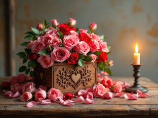 Obraz premium Romantic wooden box with pink and red roses beside a candle on rustic table