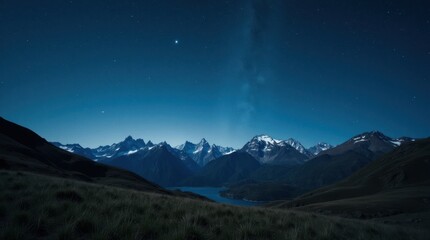 Starry Night over Alpine Meadow with Snow-Capped Peaks