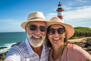 Senior couple wearing sunglasses and hats taking selfie with lighthouse in background on tropical beach