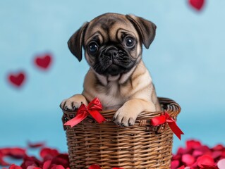 Adorable Pug Puppy in Heart Basket