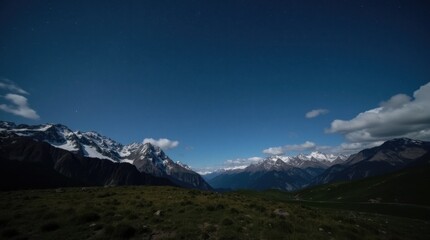 Fototapeta premium Starry Night over Alpine Meadow with Snow-capped Peaks
