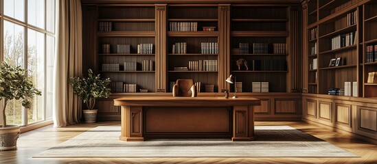 Luxurious Wooden Office with Bookcases and Large Windows