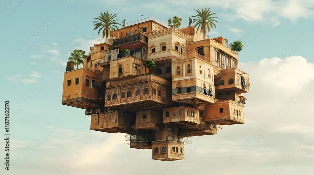 Poster a surreal floating structure resembling a cluster of houses with greenery.