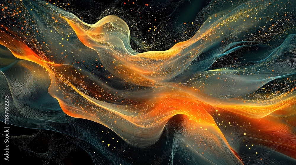 Poster abstract wave on dark background with colorful lines and particles