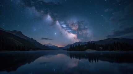 Fototapeta premium Starry Night Reflection over Calm Lake