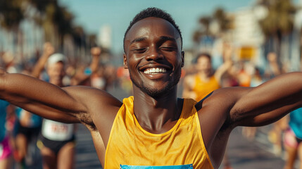 Happy african american male athlete with spread arms and closed eyes, sporty man smiling after winning the marathon race competition as a runner. arriving first at the finish line, celebrating victory