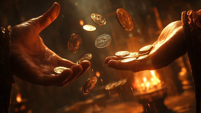 Judas’ hands in motion, silver coins scattering mid-air illuminated by a warm torchlight glow, the shadowy temple environment providing a foreboding backdrop, intricate details on the coins visible,