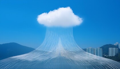 An abstract representation of people exchanging information through small dots that connect in a cloud-like flow.