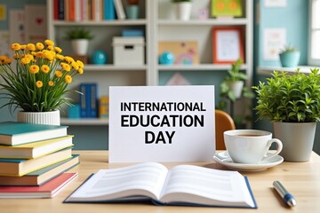 A neat desk with several books, a cup of tea, and a pen, with a sign that states "International Education Day." The background is filled with bright plants and educational posters