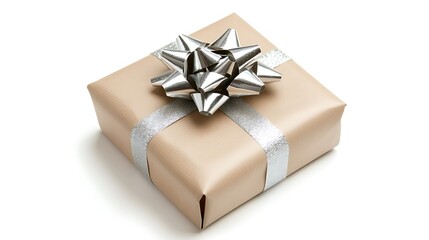 Fototapeta premium A beautifully wrapped New Year gift box with a silver bow, placed on a clean white background, evoking the joy of giving and receiving