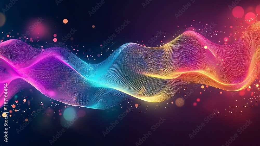 Poster abstract colorful wave with glowing particles.
