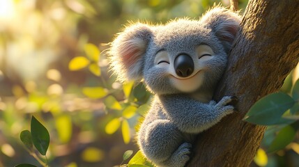 Fototapeta premium Adorable Koala Hugging a Tree at Golden Hour