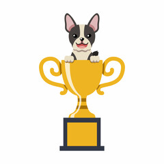 Cartoon character cute boston terrier dog with gold trophy cup award for design.