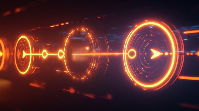 Swot analysis diagram displayed glowing circles arrows in a dynamic 3D presentation with a dark background
