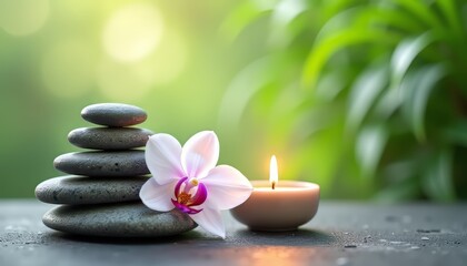 Serene composition with stacked stones, a candle, and an orchid on a tranquil surface.