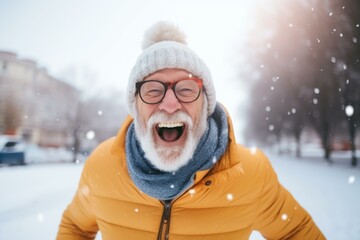 Fototapeta premium Carefree senior man wearing winter clothes, laughing under snowfall, enjoying a winter day outdoors