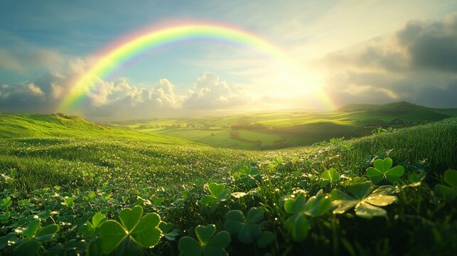 Rainbow Arcs Over Rolling Green Hills And Clover