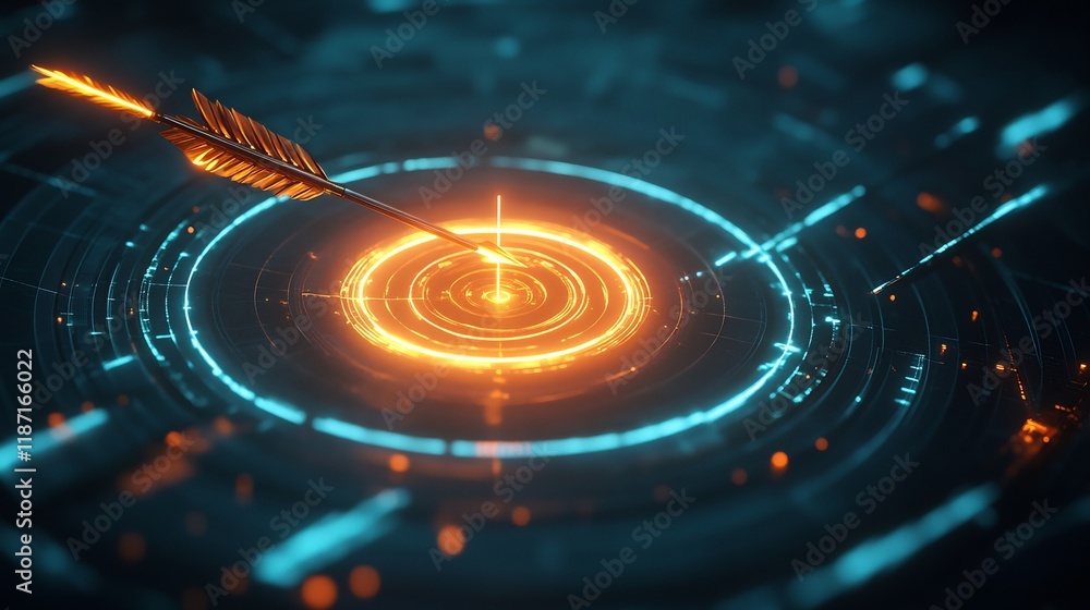 Poster targeting precision represented radiant arrow hitting the center of a circular glowing target