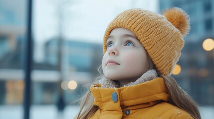 Adorable girl in yellow winter hat and coat looking up.
