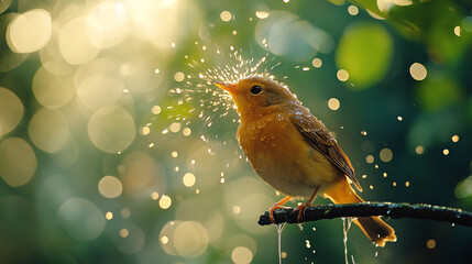 A wet bird shaking off water on a branch, with droplets catching the light and a blurred forest background