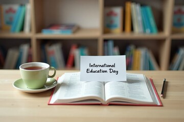 A simple workspace with an open book, a cup of tea, and a pencil, featuring a note that says "International Education Day.