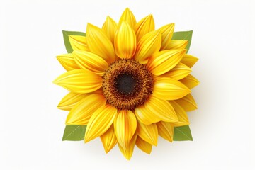 Naklejka premium Bright yellow sunflower with vivid petals surrounded by green leaves on a white background